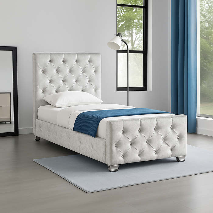 Luxury Bed frame Upholstered in Crushed Velvet Fabric & in Soft Plush Fabric