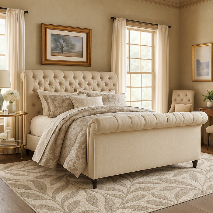 Luxury Chesterfield Bed Frame in Turin fabric and Chenille Fabric