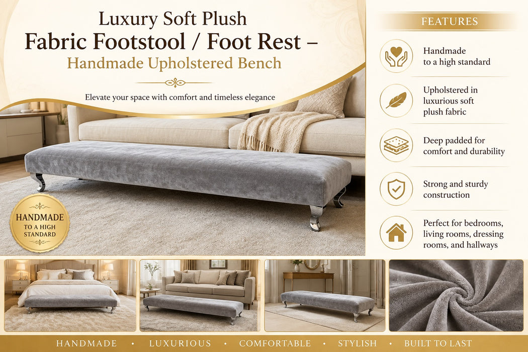 Handmade Plush Footstool Footrest – Soft Plush Fabric in Grey, Cream, Black, Steel  Mink White Mustard